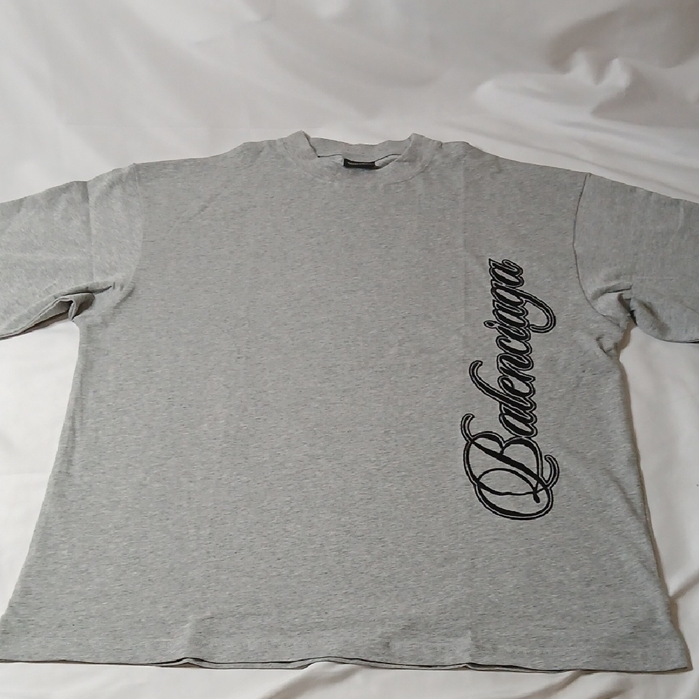 Balenciaga Gray Cursive Embroided Logo Short Sleeve Tee